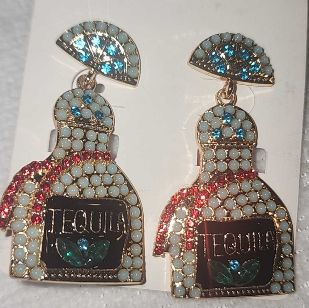 Earrings, novelty, fashion with rhinestones, tequila bottle NWOT